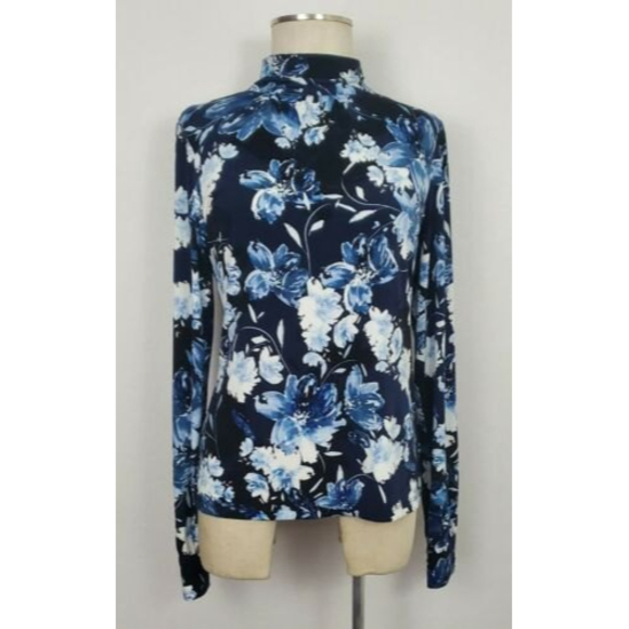 Karl Lagerfeld Paris Womens Floral Mock Turtleneck Blouse Faux Pearl Button S - Picture 1 of 12